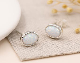 Oval Sterling Silver White Opal Stud Earrings