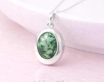 Personalised Sterling Silver Moss Agate Gemstone Photo Locket Necklace