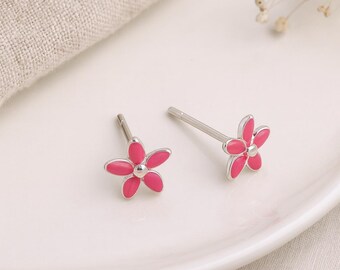 Pink Flower Stud Earrings • Sterling Silver Enamel Studs • Dainty Floral Jewellery • Gift for Her • Kids or Teen Earrings •