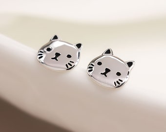 Cat Face Stud Earrings • Sterling Silver Kitten Studs • Cute Gift for Her • Animal Earrings • Everyday Jewellery •