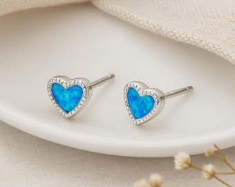 Blue Opal Heart Stud Earrings • Sterling Silver October Birthstone • Dainty Gift for Her • Hypoallergenic Jewellery •