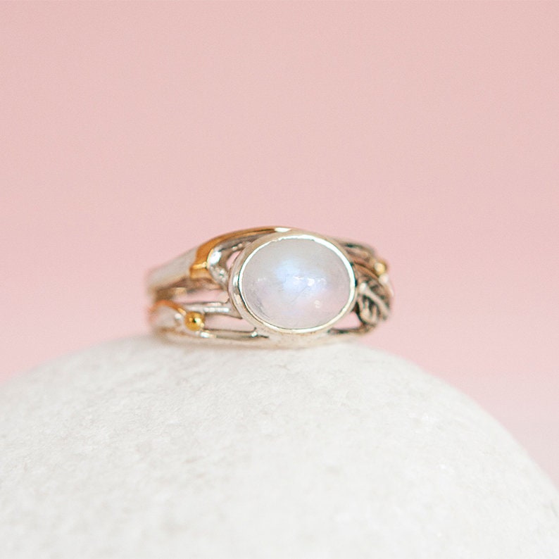 Personalised Sterling Silver Rainbow Moonstone Organic Gemstone Leaf Ring