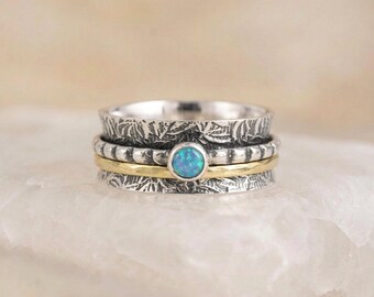 Personalised Blue Opal Spinner Ring In Sterling Silver With Floral Texture