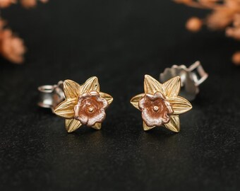 Gold Plated Sterling Silver March Birth Flower Daffodil Stud Earrings