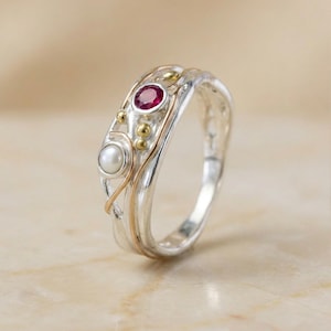 Molten Sterling Silver Ruby and Pearl Engagement Ring