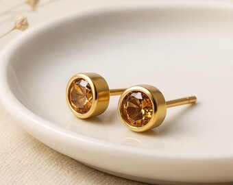 Citrine Stud Earrings • 18ct Gold-Plated Sterling Silver • November Birthstone Gift • Amber CZ Studs • Gold Jewellery for Her •