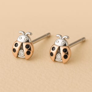 Brincos de prata esterlina com diamantes e joaninha para meninas