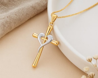 Gold Cross & Heart Pendant • 9ct Yellow and White Gold Religious Jewellery • Faith and Love Necklace Charm • Gift for Her