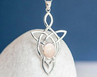 Genuine Opal Celtic Knot Necklace in Sterling Silver, Motherhood Knot, 24th Wedding Anniversary Gift, October Birthday