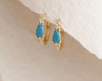 Turquoise Huggie Hoop Earrings in Gold Plated Sterling Silver
