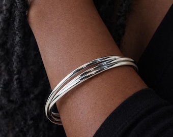 Sterling Silver Russian-Style Interlocking Three Bangle Bracelet Set