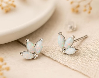 Sterling Silver White Opal Lotus Stud Earrings