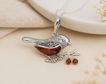 Robin Pendant • Cognac Baltic Amber & Sterling Silver • Personalised Hope Symbol Necklace • Woodland Jewellery Gift • Spirit Bird Charm