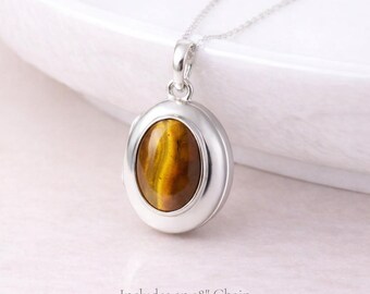 Personalised Sterling Silver Gold Tigers Eye Gemstone Photo Locket Necklace