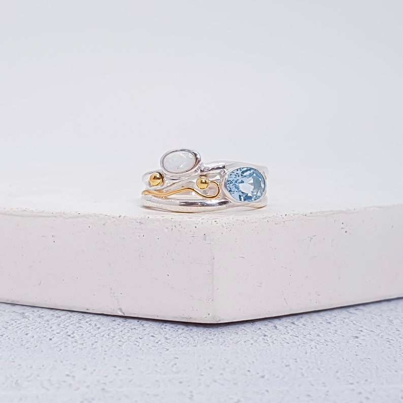 UK L Sterling Silver Sky Blue Topaz and White Opal Ring for Women Organic Gemstone Ring * Personalized With Up To 40 Characters