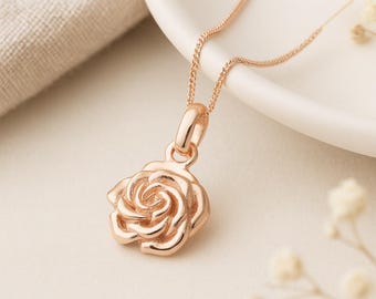 Rose Pendant • June Birth Flower Necklace in 18ct Rose Gold on Sterling Silver • Personalised Disc • Gift for Her • Romantic Floral Charm