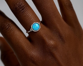 Molten Blue Opal Ring • Organic Sterling Silver Ring • 7mm Round Opal • October Birthstone Gift • Handmade Ring •