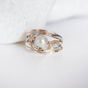 Molten Pearl Ring • Sterling Silver Organic Ring with 14kt Gold & Brass • White Freshwater Pearl Statement Ring • Gift for Her •