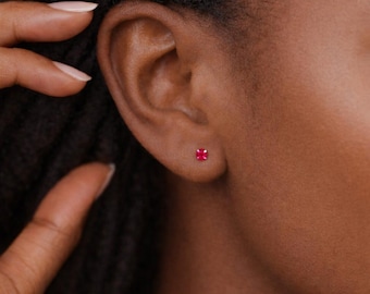 Sterling Silver Red Ruby Micro Stud Earrings – 3mm
