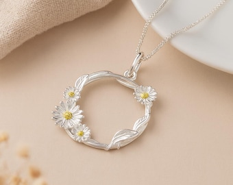 Daisy Wreath Pendant • Sterling Silver & 18ct Gold Charm • Botanical Necklace • Personalised • Floral Gift for Her