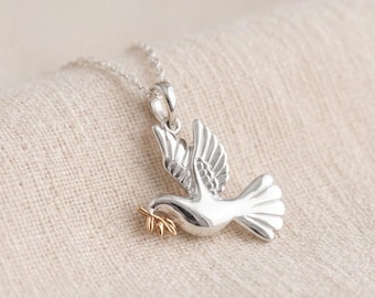 Personalised Dove of Peace Pendant Necklace in Sterling Silver and Gold