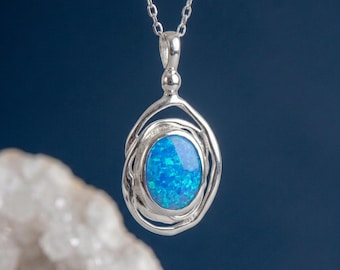 Personalised Blue Opal Swirl Necklace in Molten Sterling Silver