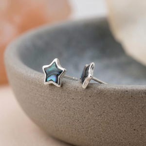 Puede incluir: Un par de pendientes de botón con forma de estrella, con un marco de metal plateado y una incrustación de concha de abulón iridiscente. Los pendientes tienen un cierre de poste y muestran una superficie oscura y brillante con tonos azules y verdes.