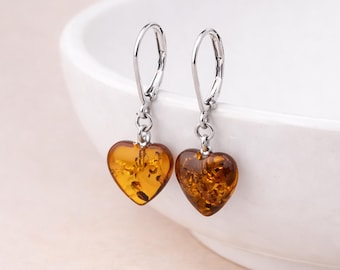 Sterling Silver Baltic Amber Heart Drop Earrings – 13mm