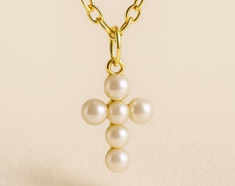 Personalised Tiny Gold Plated Sterling Silver White Seed Pearl Cross Necklace
