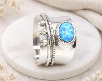 Personalised Sterling Silver Wide Blue Opal Spinner Ring