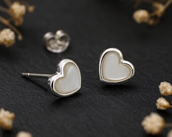 Sterling Silver Mother of Pearl Heart Stud Earrings