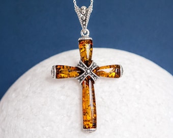 Personalised Sterling Silver Amber Cross Necklace, Genuine Baltic Amber Pendant, 35x27mm