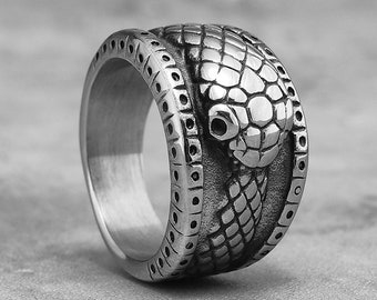 Personalised Wide Stainless Steel Gunmetal Black Ouroboros Snake Ring