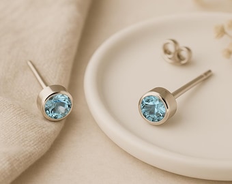 Sterling Silver March Aquamarine Birthstone Stud Earrings