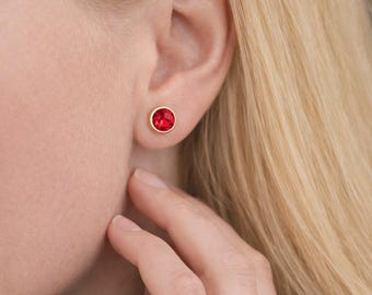 Gold Plated Sterling Silver July Ruby Birthstone Stud Earrings – 7mm