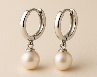 Sterling Silver Round Pearl Huggie Hoop Earrings