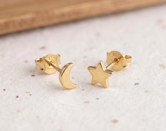 Personalised Moon and Star Mismatched Stud Earrings in Gold Plated Sterling Silver