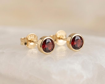 January Garnet Birthstone Stud Earrings In Gold Plated Sterling Silver