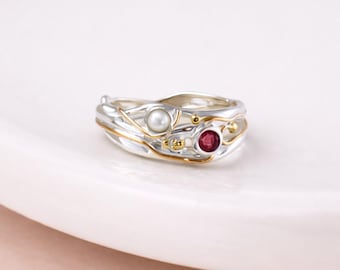 Molten Sterling Silver Ruby and Pearl Engagement Ring