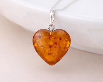 Personalised Sterling Silver Baltic Amber Heart Pendant Necklace