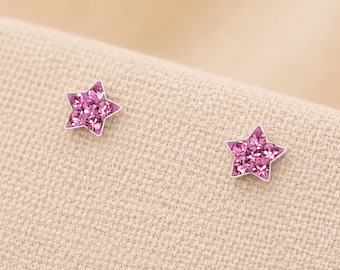 5mm Sterling Silver Pink Crystal Star Stud Earrings