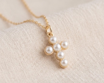 Personalised Tiny Pearl Cross Necklace in Gold Plated Sterling Silver