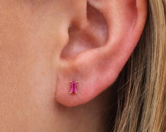 Sterling Silver Faceted Ruby Baguette Stud Earrings