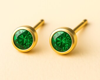 Gold Plated Sterling Silver May Emerald Birthstone Stud Earrings