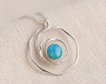 Personalised Blue Opal Spiral Pendant Necklace in Molten Sterling Silver