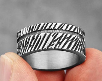 Personalised Stainless Steel Gunmetal Silver Viking Tree Bark Twill Ring