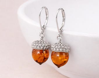 Large Sterling Silver Baltic Amber Acorn Drop Earrings