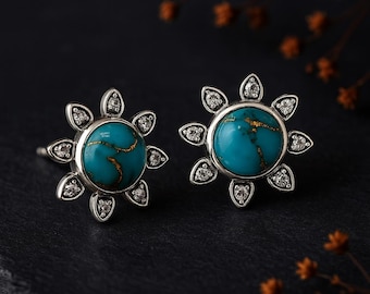Sterling Silver Turquoise And White Topaz Flower Stud Earrings