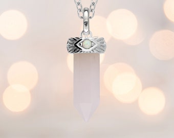 Sterling Silver Rose Quartz Crystal Point Necklace with Opal Evil Eye of Protection and Optional Personalisation