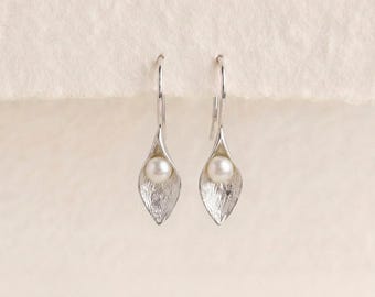 Calla Lily Drop Earrings in Sterling Silver with Freshwater Pearl